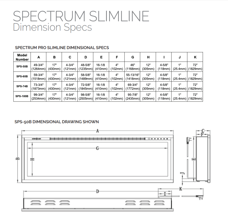 Modern Flames Spectrum Slimline dimensions specs for electric fireplace
